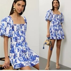 Caroline Contas Blue Floral Puff Sleeve Dress